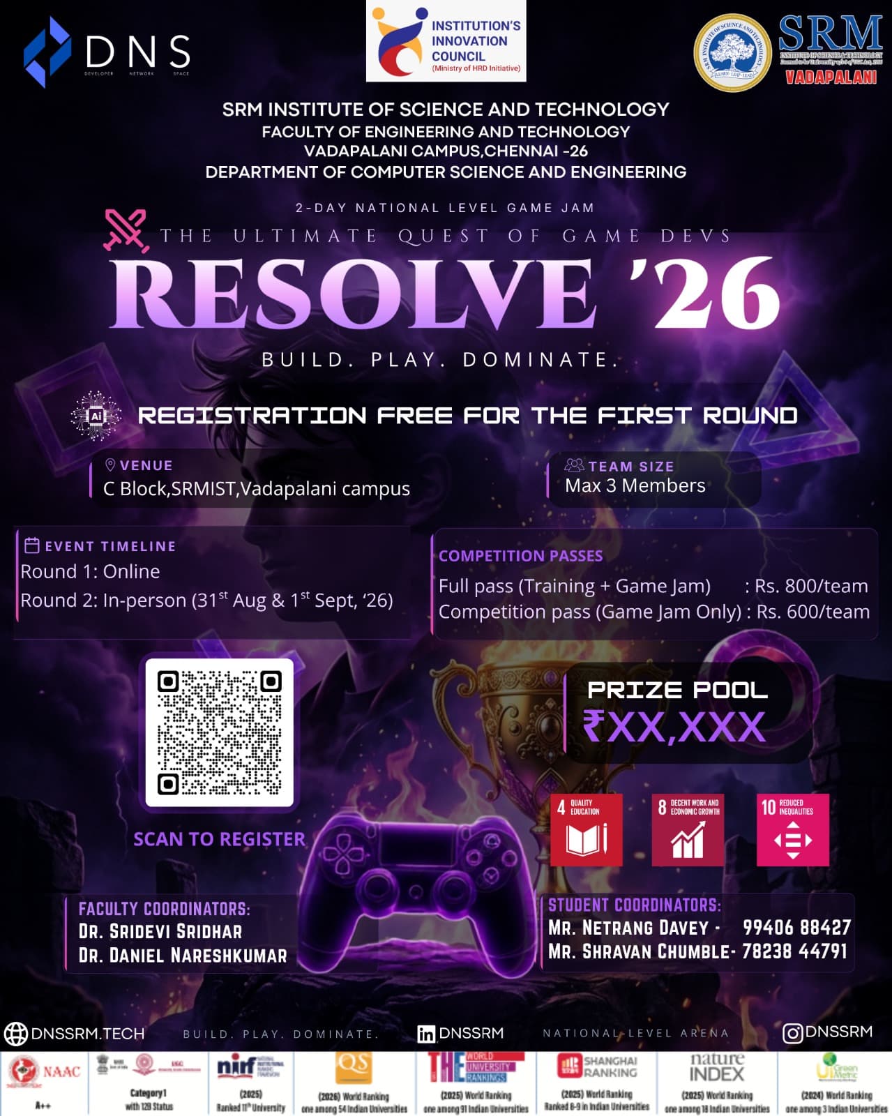 RESOLVE '26 event poster with schedule, venue and prize details